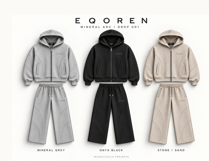 EQOREN Mineral Arc: komplet szary Mineral Grey, czarny Onyx Black i beżowy Stone / Sand. Wizualizacja projektu.